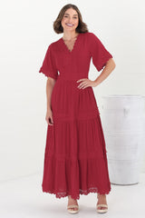 Peony Maxi Dress - Lace Detailed A Line Dress with Flute Sleeves in Red