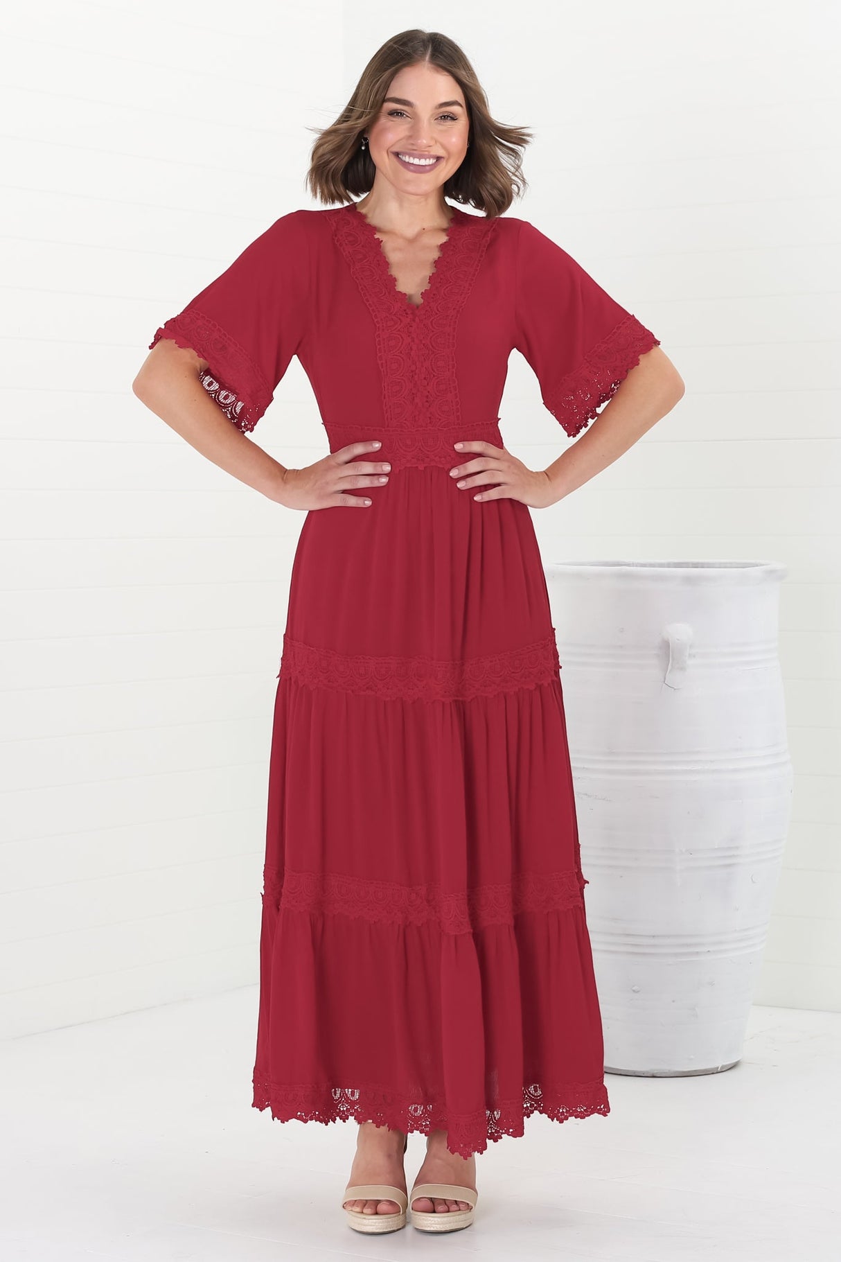 Peony Maxi Dress - Lace Detailed A Line Dress with Flute Sleeves in Red