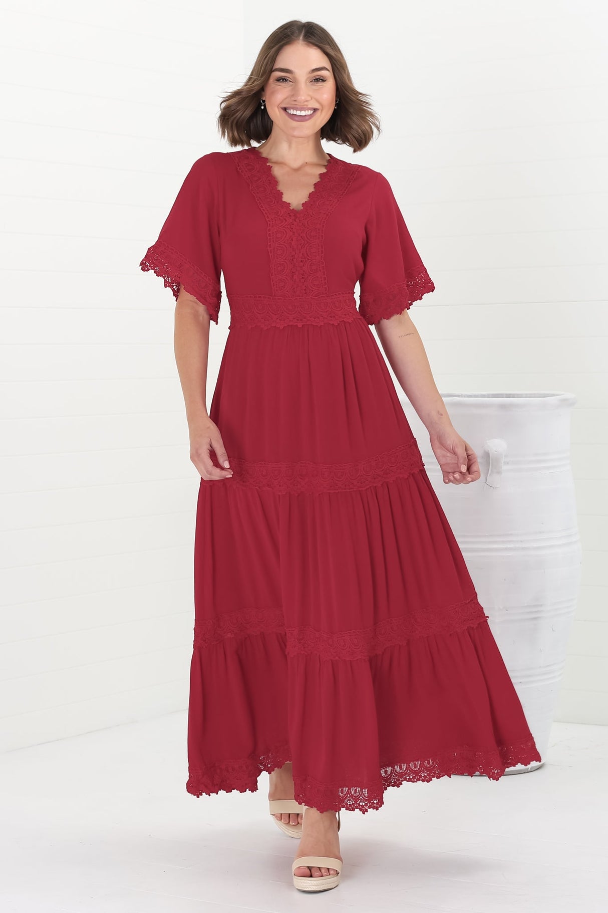 Peony Maxi Dress - Lace Detailed A Line Dress with Flute Sleeves in Red