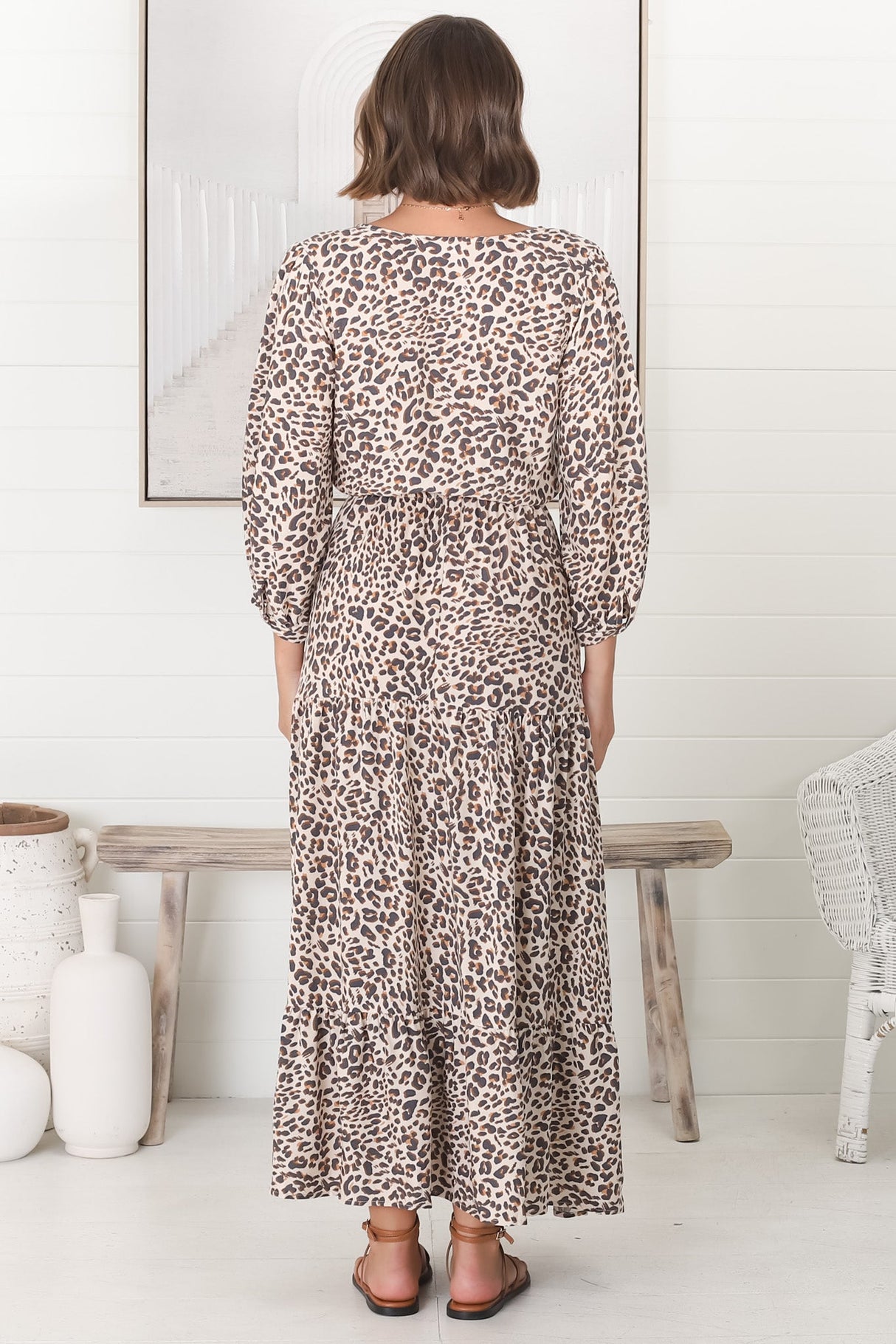 Perrie Maxi Dress - V Neck 3/4 Sleeve Dress with Pull Tie Waist in Leopard Print