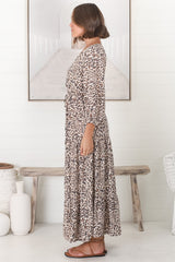 Perrie Maxi Dress - V Neck 3/4 Sleeve Dress with Pull Tie Waist in Leopard Print