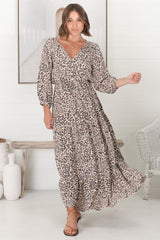 Perrie Maxi Dress - V Neck 3/4 Sleeve Dress with Pull Tie Waist in Leopard Print