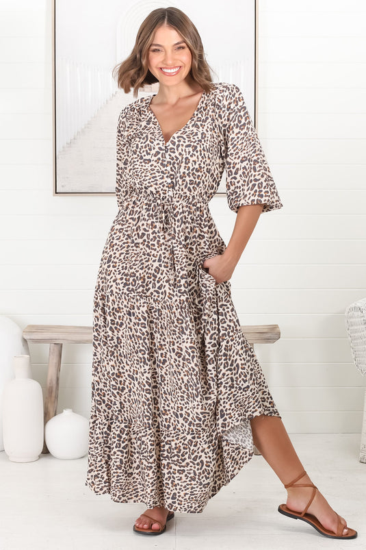 Perrie Maxi Dress - V Neck 3/4 Sleeve Dress with Pull Tie Waist in Leopard Print