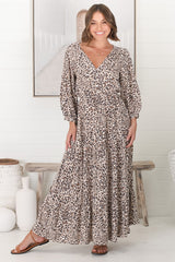 Perrie Maxi Dress - V Neck 3/4 Sleeve Dress with Pull Tie Waist in Leopard Print