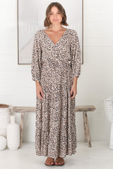 Perrie Maxi Dress - V Neck 3/4 Sleeve Dress with Pull Tie Waist in Leopard Print