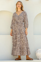 Perrie Maxi Dress - V Neck 3/4 Sleeve Dress with Pull Tie Waist in Leopard Print