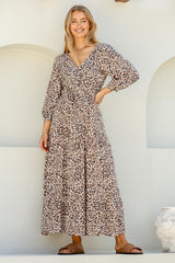 Perrie Maxi Dress - V Neck 3/4 Sleeve Dress with Pull Tie Waist in Leopard Print