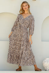 Perrie Maxi Dress - V Neck 3/4 Sleeve Dress with Pull Tie Waist in Leopard Print