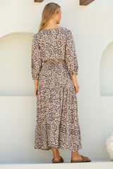 Perrie Maxi Dress - V Neck 3/4 Sleeve Dress with Pull Tie Waist in Leopard Print