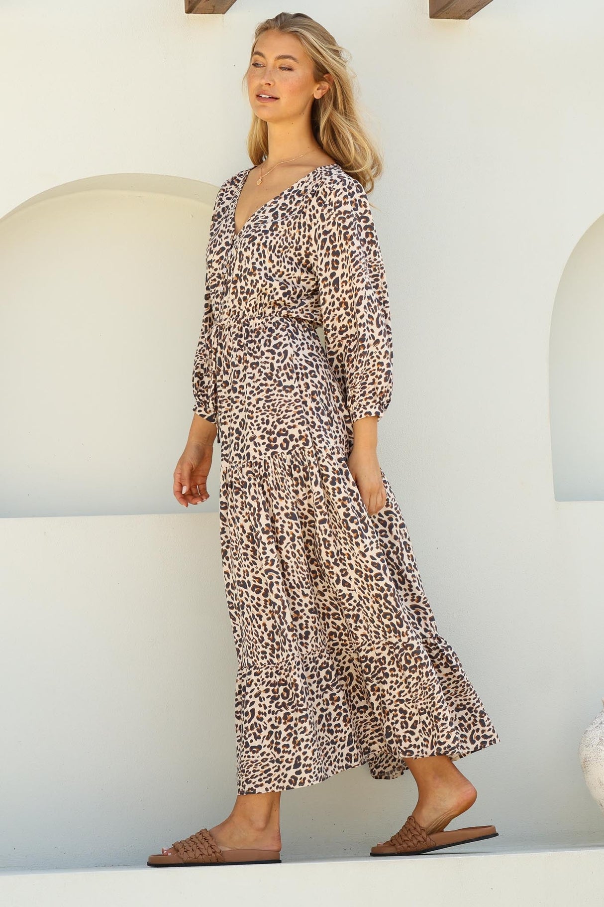 Perrie Maxi Dress - V Neck 3/4 Sleeve Dress with Pull Tie Waist in Leopard Print