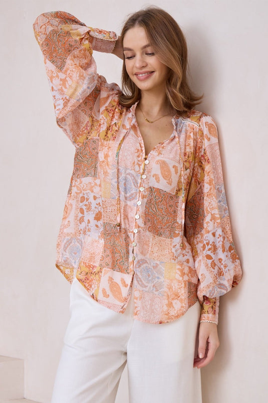 Perrio Blouse - Frill Collar Button Down Balloon Sleeve Blouse In Indie Print