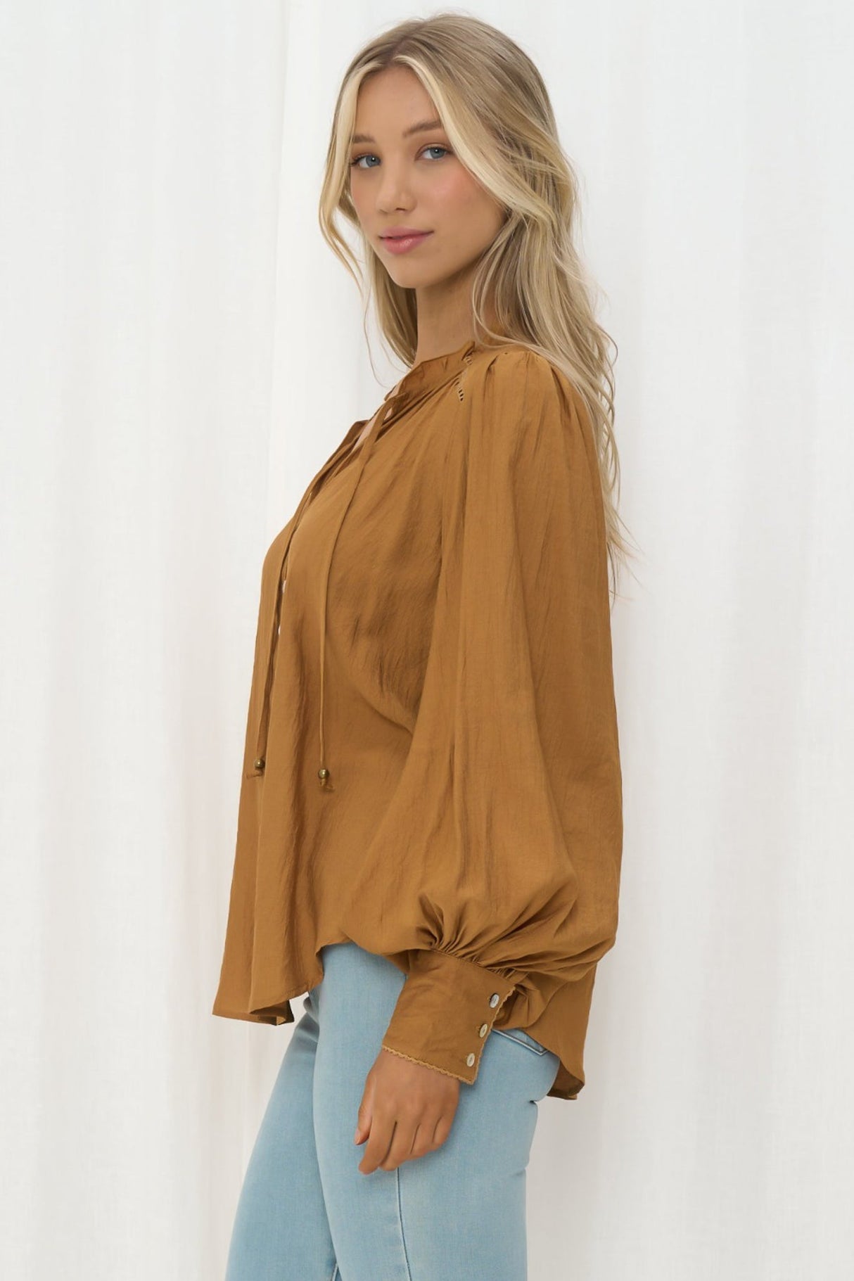 Perrio Blouse - Frill Collar Button Down Balloon Sleeve Blouse in Tan