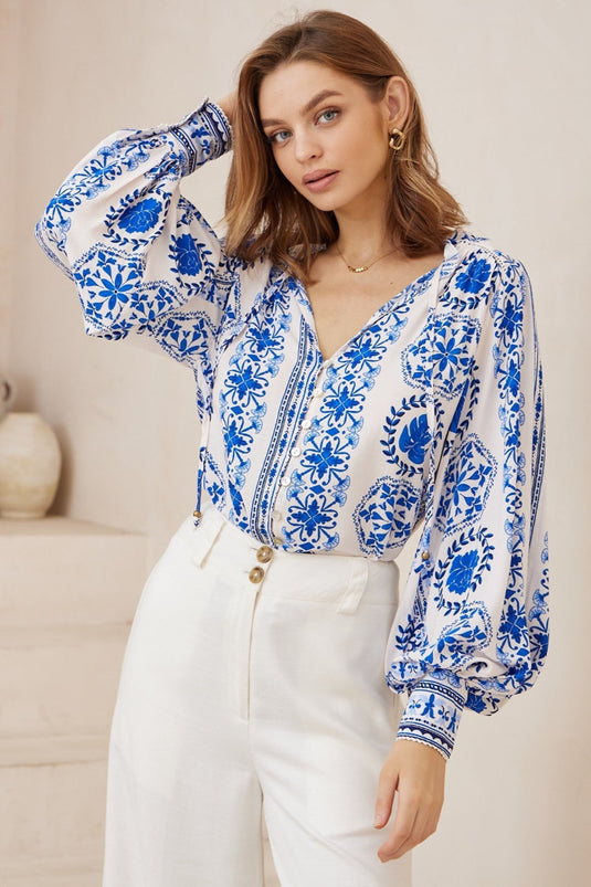 Perrio Blouse - Frill Collar Button Down Balloon Sleeve Blouse In Kahula Print