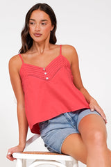 Petal Cami - Pleat V Neckline Tie Up Strap Top in Coral