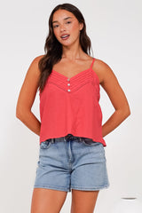 Petal Cami - Pleat V Neckline Tie Up Strap Top in Coral