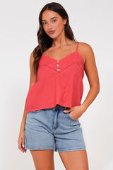 Petal Cami - Pleat V Neckline Tie Up Strap Top in Coral