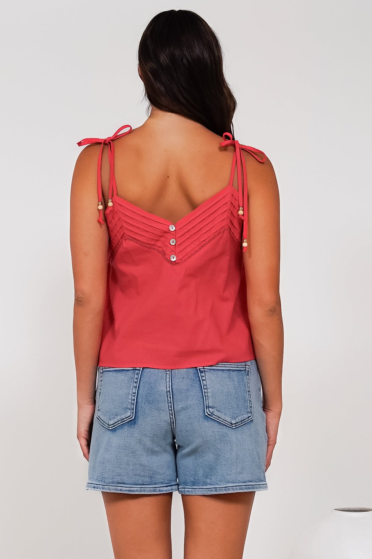 Petal Cami - Pleat V Neckline Tie Up Strap Top in Coral