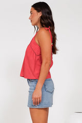 Petal Cami - Pleat V Neckline Tie Up Strap Top in Coral