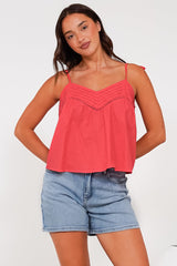Petal Cami - Pleat V Neckline Tie Up Strap Top in Coral
