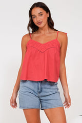 Petal Cami - Pleat V Neckline Tie Up Strap Top in Coral