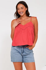 Petal Cami - Pleat V Neckline Tie Up Strap Top in Coral
