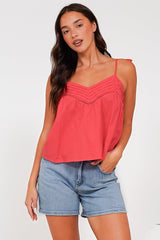 Petal Cami - Pleat V Neckline Tie Up Strap Top in Coral