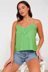 Petal Cami - Pleat V Neckline Tie Up Strap Top in Green