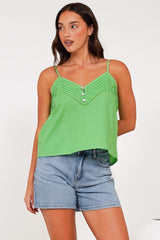Petal Cami - Pleat V Neckline Tie Up Strap Top in Green