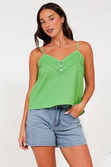 Petal Cami - Pleat V Neckline Tie Up Strap Top in Green