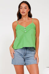Petal Cami - Pleat V Neckline Tie Up Strap Top in Green