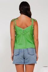 Petal Cami - Pleat V Neckline Tie Up Strap Top in Green