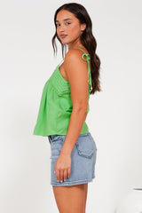 Petal Cami - Pleat V Neckline Tie Up Strap Top in Green