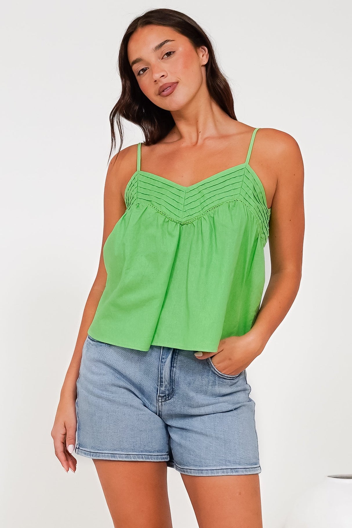 Petal Cami - Pleat V Neckline Tie Up Strap Top in Green