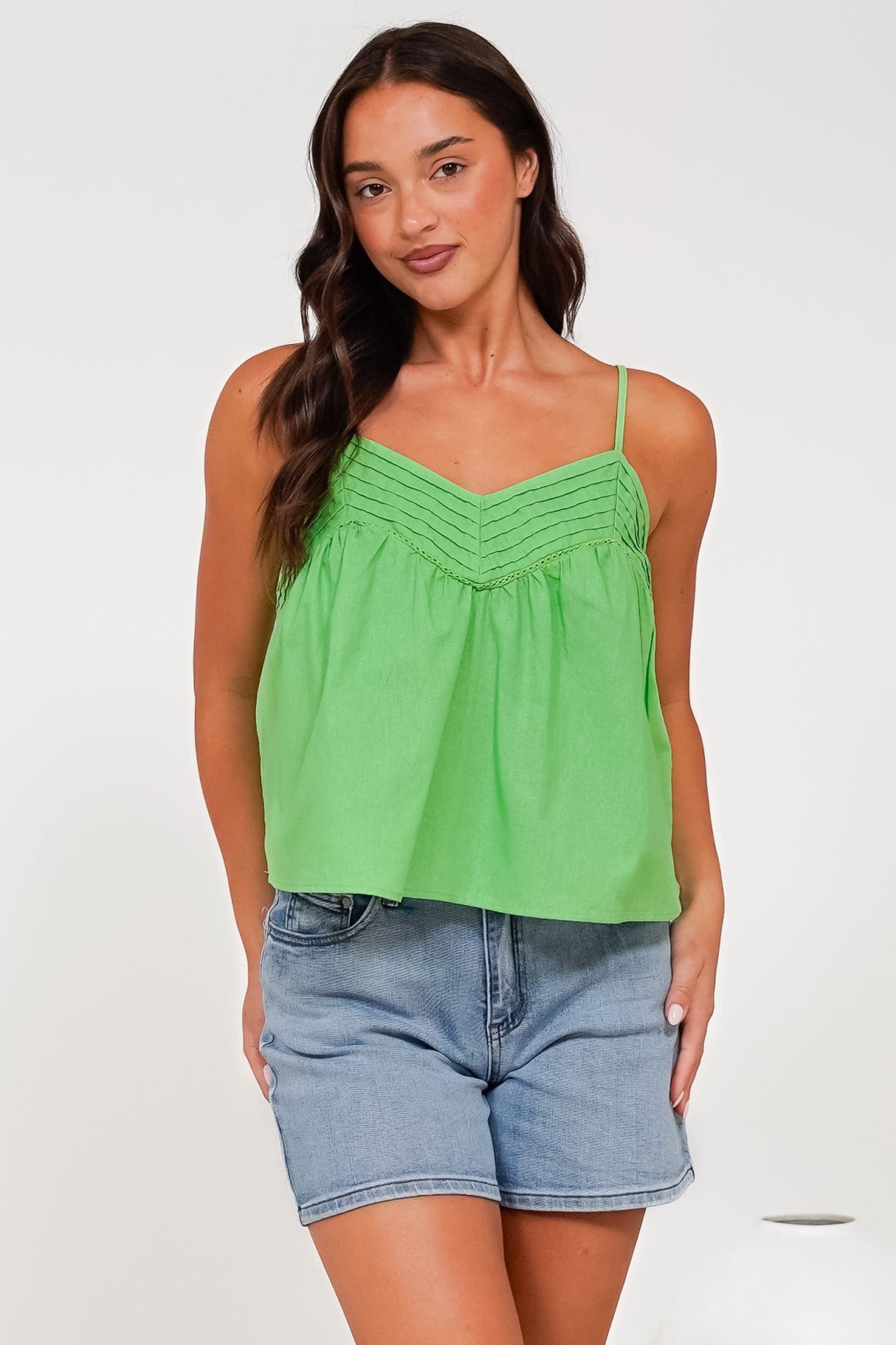 Petal Cami - Pleat V Neckline Tie Up Strap Top in Green