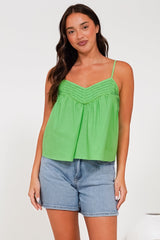 Petal Cami - Pleat V Neckline Tie Up Strap Top in Green