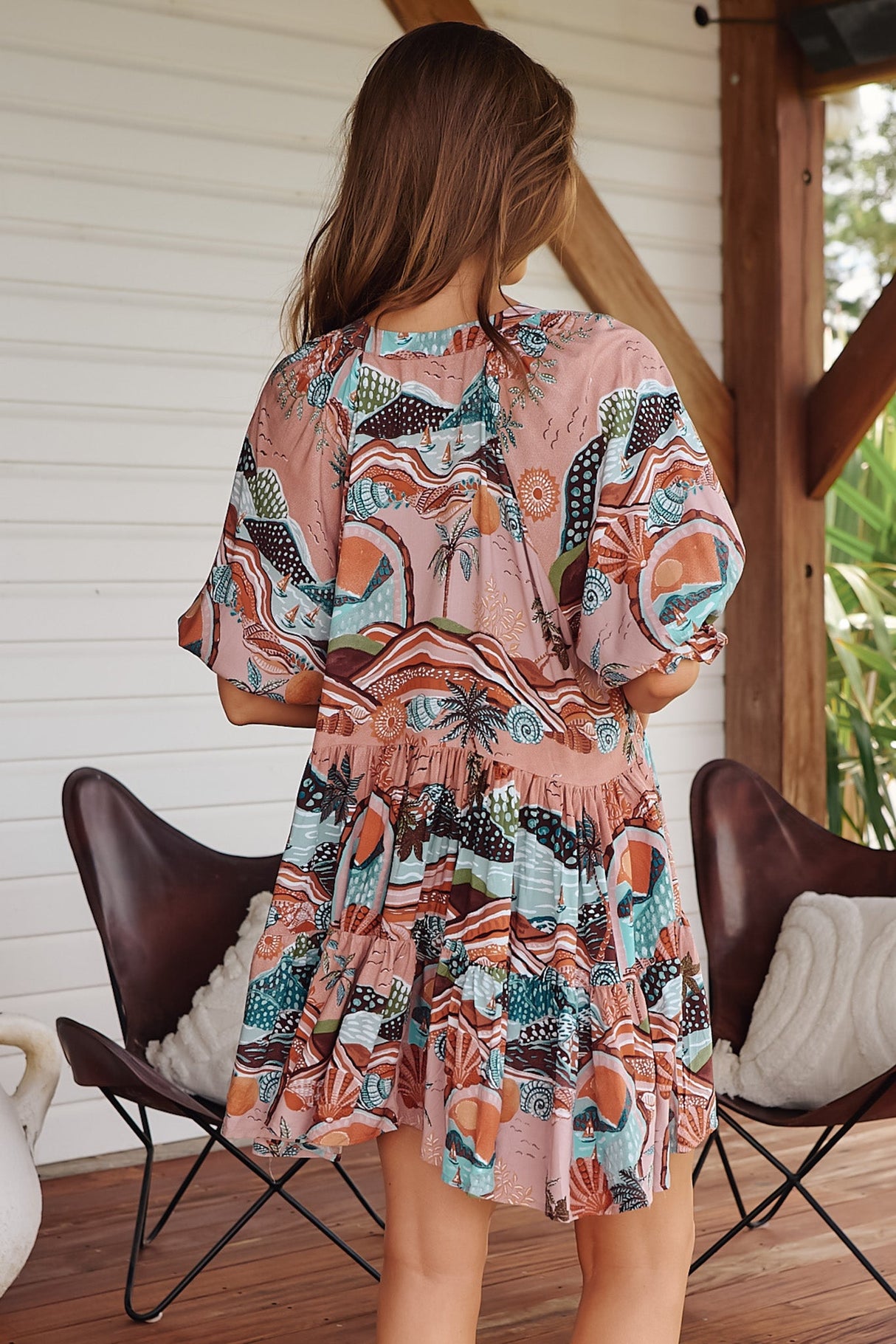 JAASE - Petal Mini Dress: Tiered Smock Dress in Lakeside Serenity Print