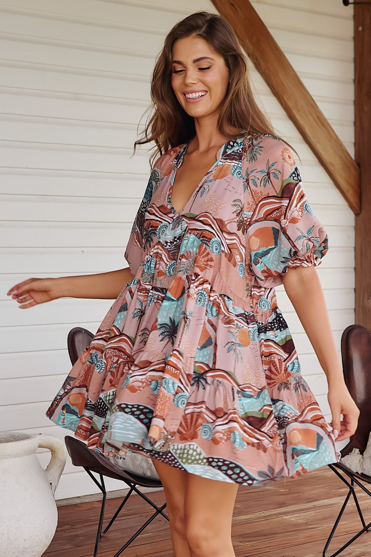 JAASE - Petal Mini Dress: Tiered Smock Dress in Lakeside Serenity Print