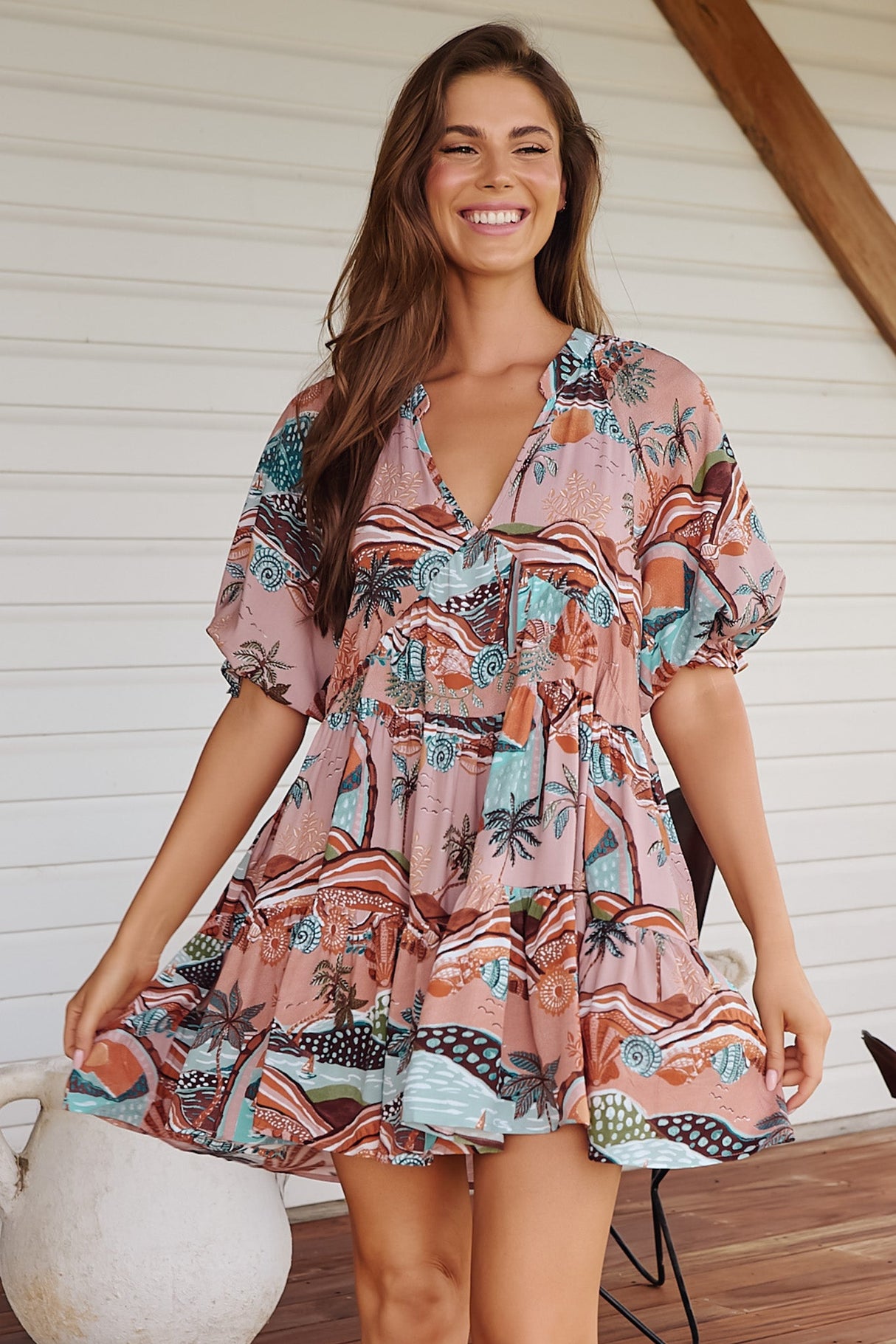 JAASE - Petal Mini Dress: Tiered Smock Dress in Lakeside Serenity Print