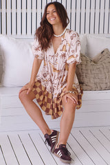 JAASE - Petal Mini Dress: Tiered Smock Dress in Tuscan Sands Print