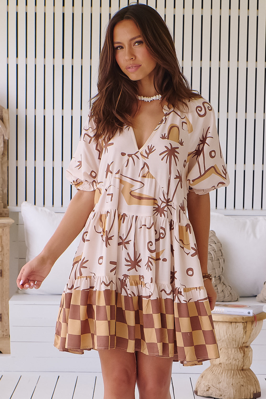 JAASE - Petal Mini Dress: Tiered Smock Dress in Tuscan Sands Print