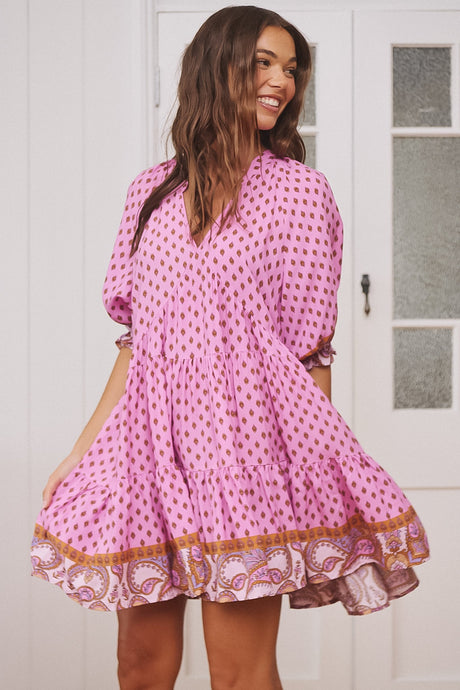 JAASE - Petal Mini Dress: Tiered Smock Dress in Venus Print