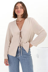 Peyton Top - Linen Tie Down Front Long Sleeve Lined Top in Beige