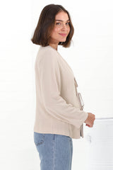 Peyton Top - Linen Tie Down Front Long Sleeve Lined Top in Beige