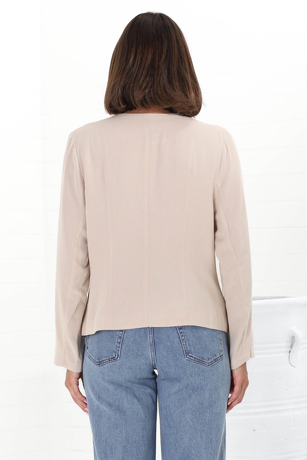 Peyton Top - Linen Tie Down Front Long Sleeve Lined Top in Beige