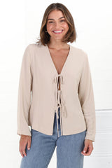 Peyton Top - Linen Tie Down Front Long Sleeve Lined Top in Beige