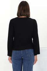 Peyton Top - Linen Tie Down Front Long Sleeve Lined Top in Black