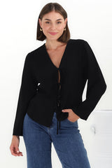 Peyton Top - Linen Tie Down Front Long Sleeve Lined Top in Black