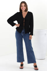 Peyton Top - Linen Tie Down Front Long Sleeve Lined Top in Black