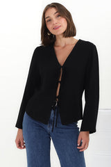 Peyton Top - Linen Tie Down Front Long Sleeve Lined Top in Black