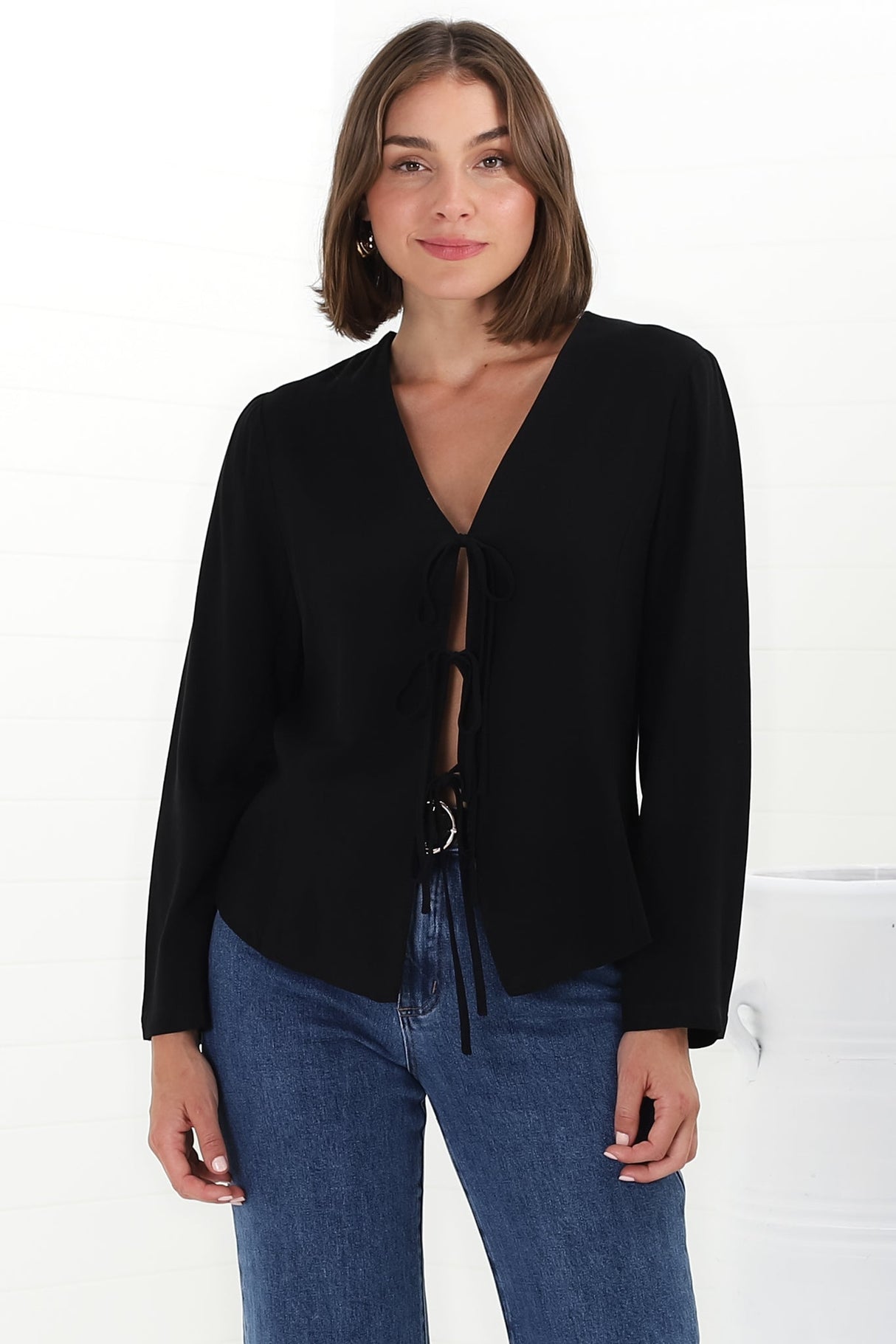 Peyton Top - Linen Tie Down Front Long Sleeve Lined Top in Black